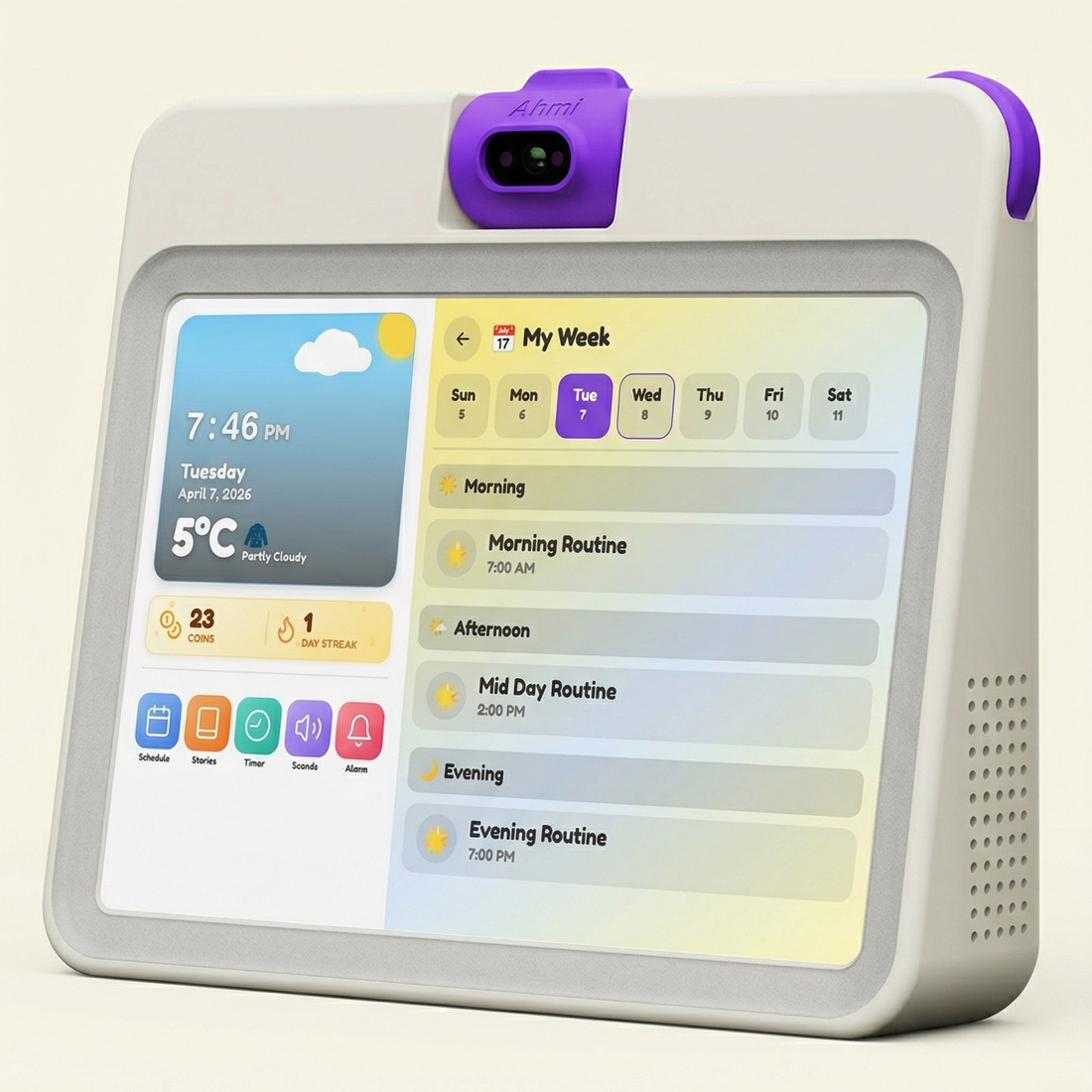 The Ahmi device — a 4-in-1 early-childhood hub showing the weekly routine home screen with weather, day streak, and morning, afternoon and evening routines